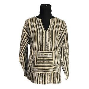Black and Cream Sweatshirt Woven Cotton Baja Hippie Pullover Size M